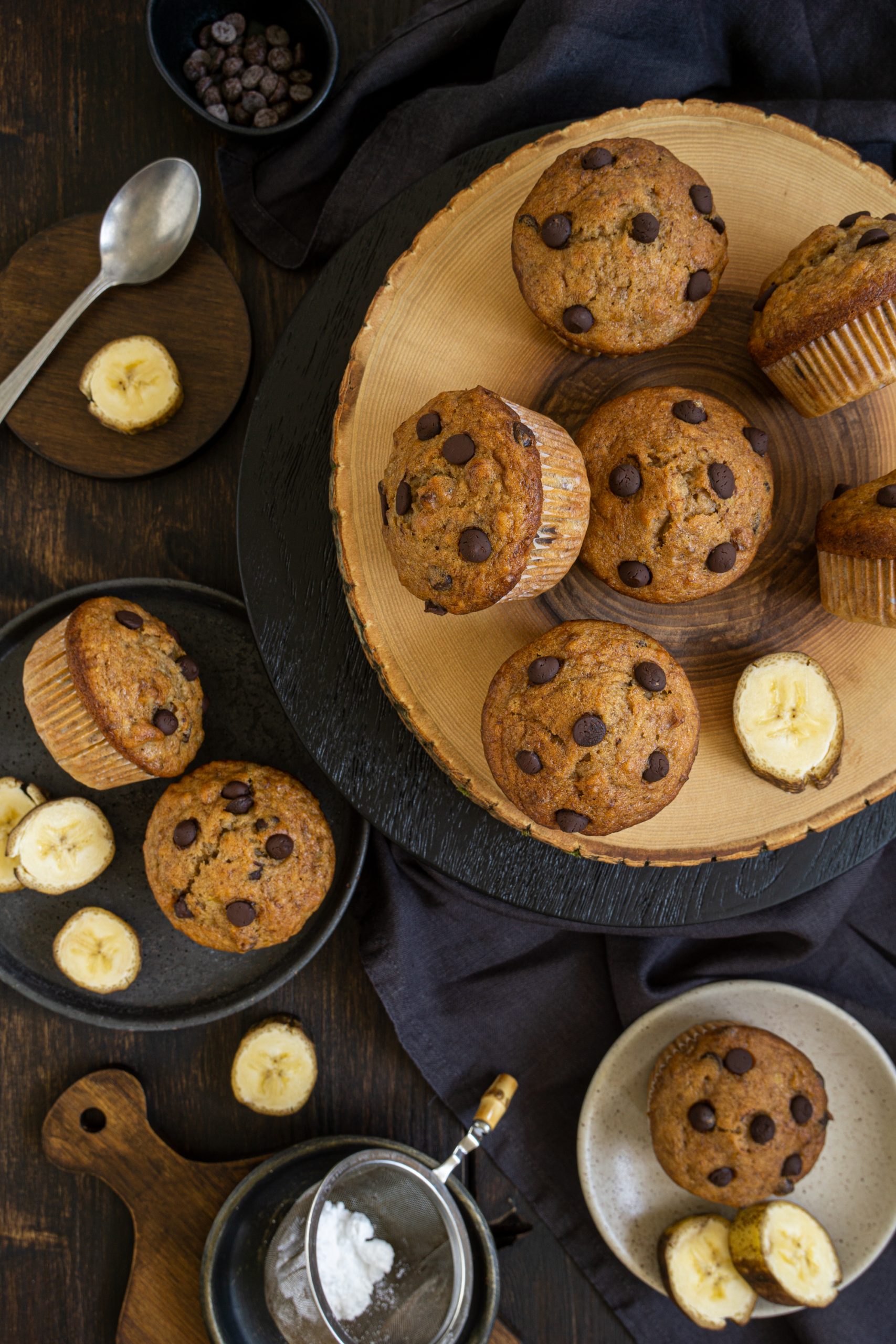 Top view of banana muffins with chocolate chips