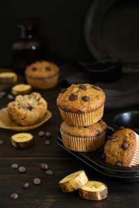 Piled banana muffins with chocolate chips