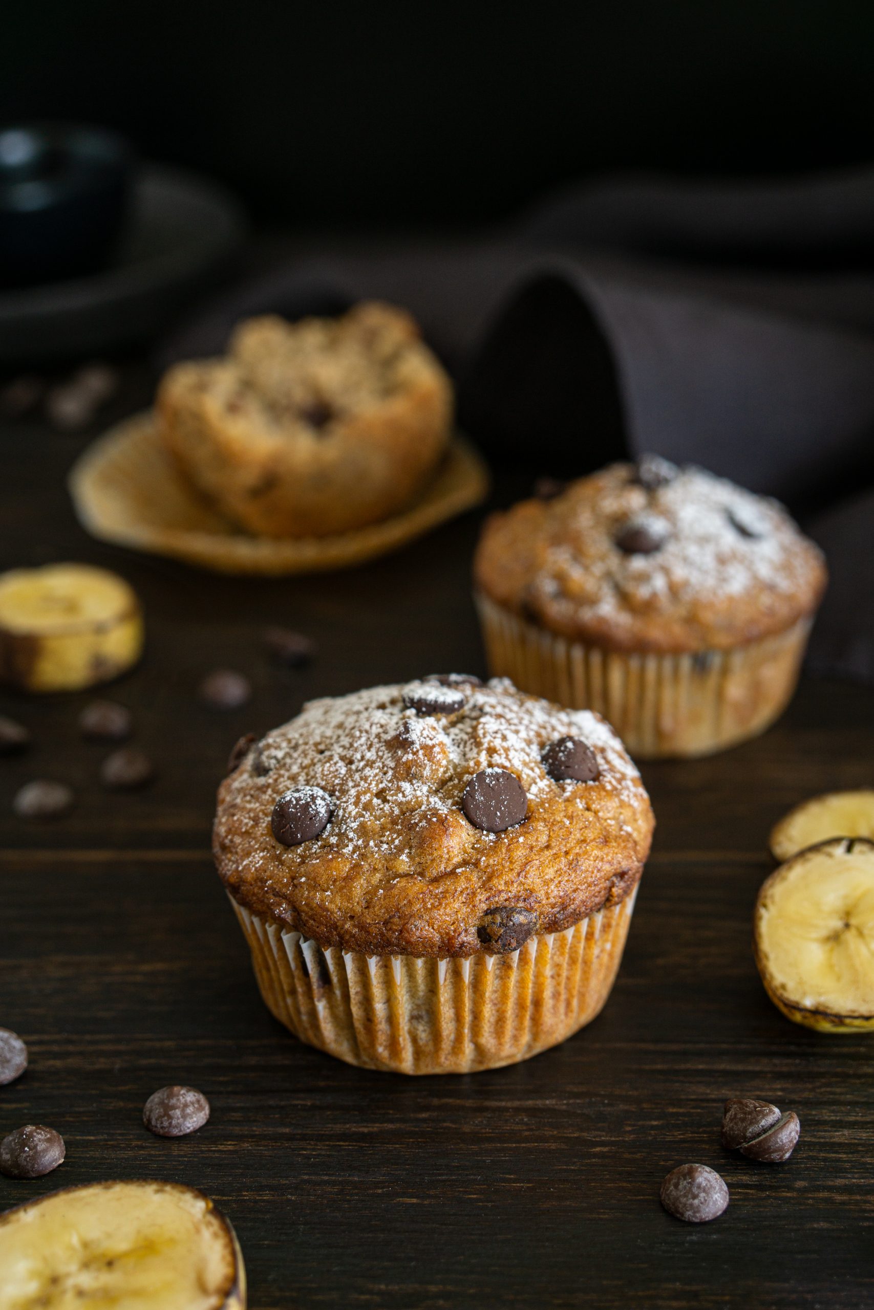Close-up of banana muffins with chocolate chips
