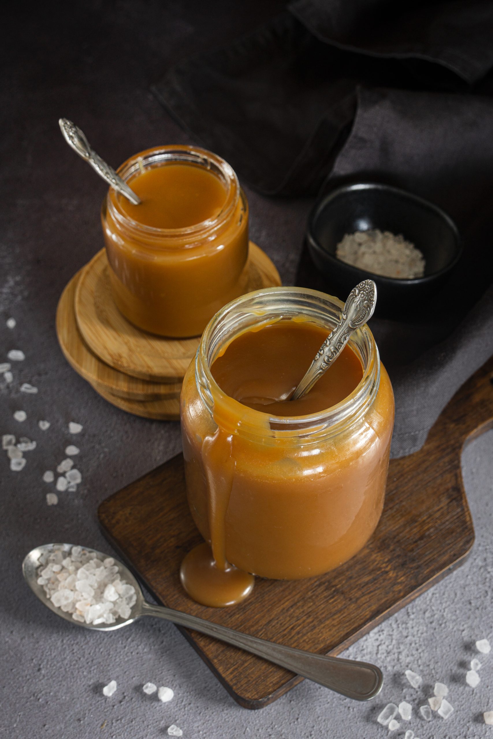 Two jars of salted caramel sauce