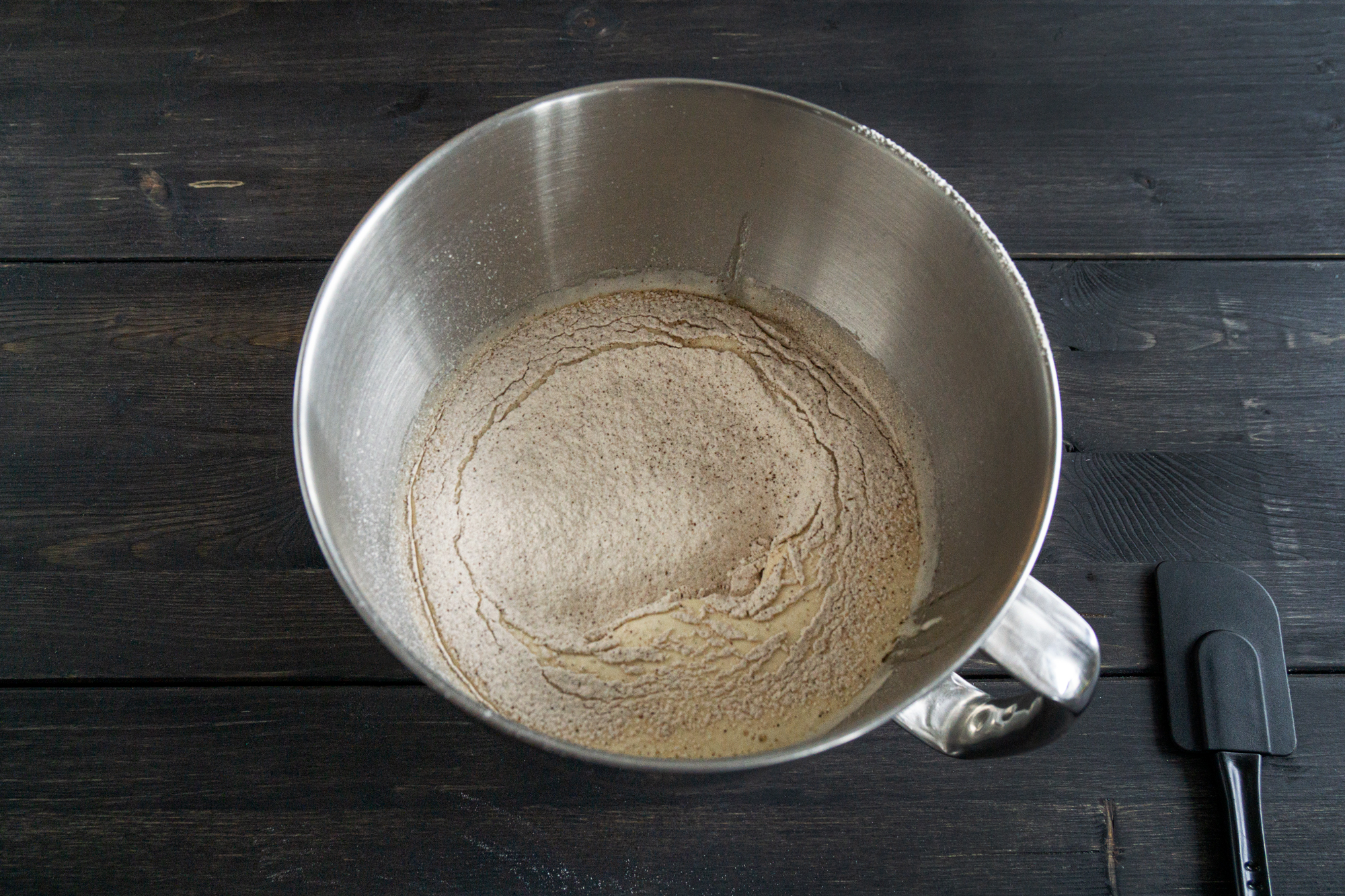 Flour sifted into the cake batter