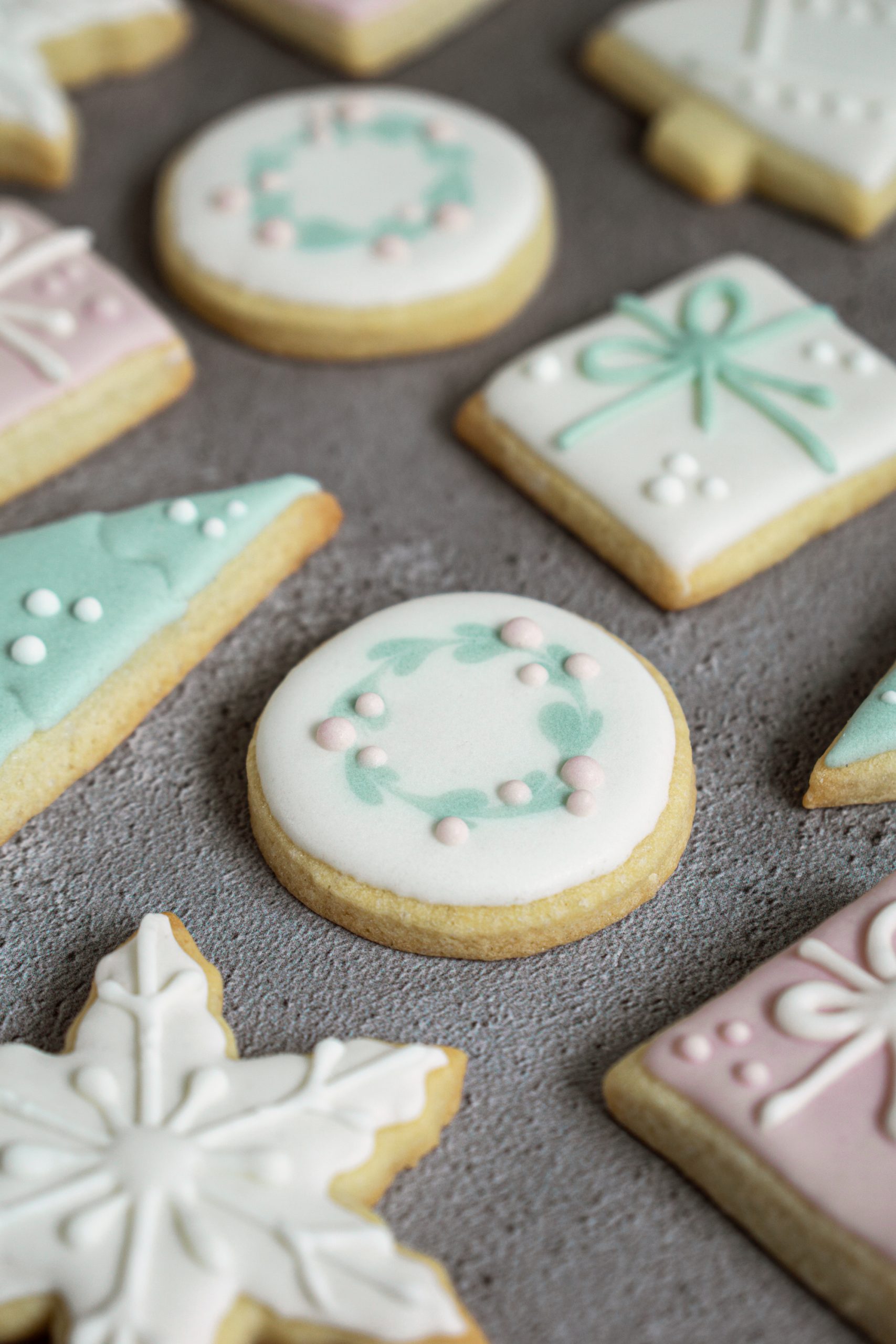 Close up of sugar cookies decorated with Royal icing