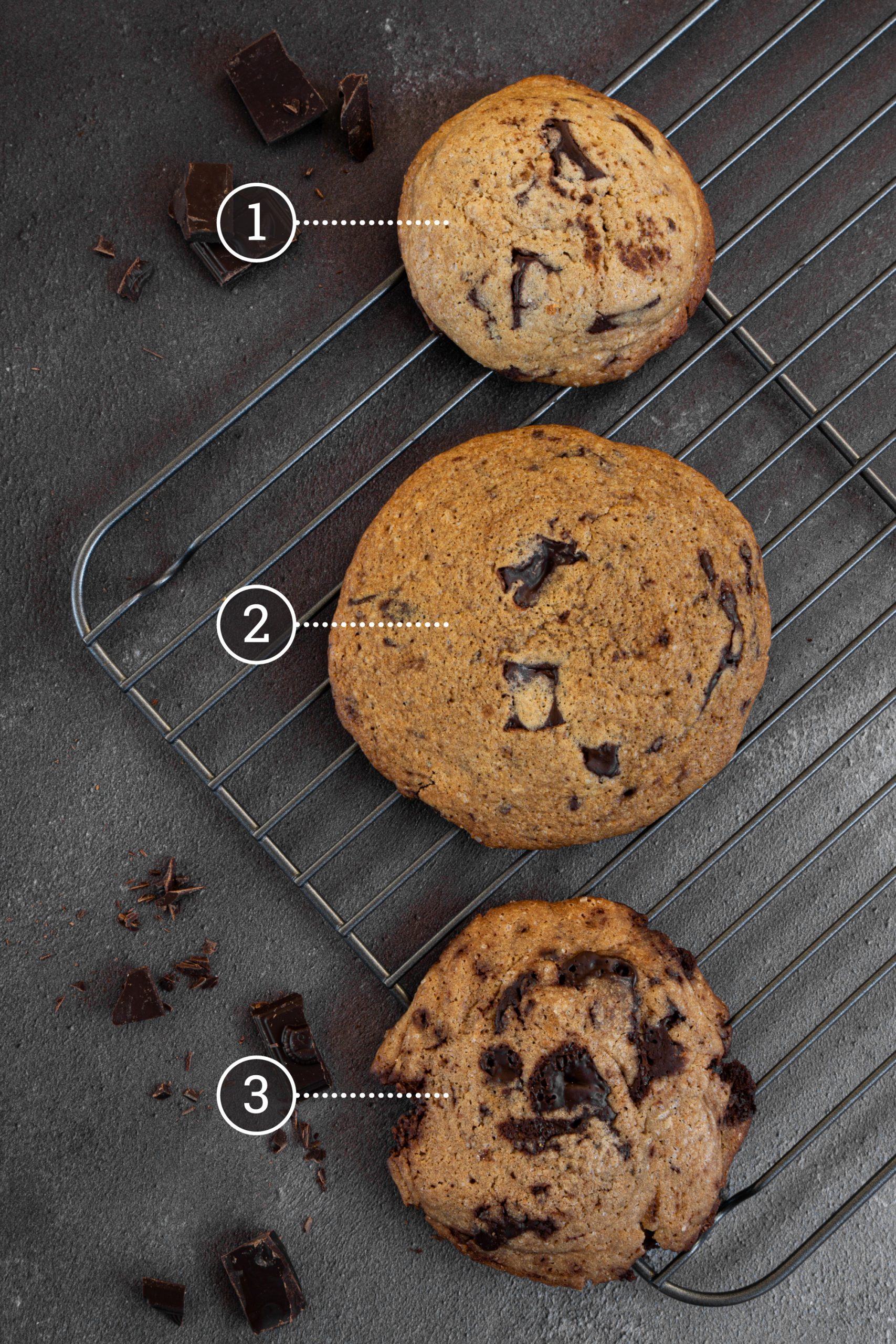Comparison of chocolate chip cookies, that were baked after chilling, without chilling and without baking soda