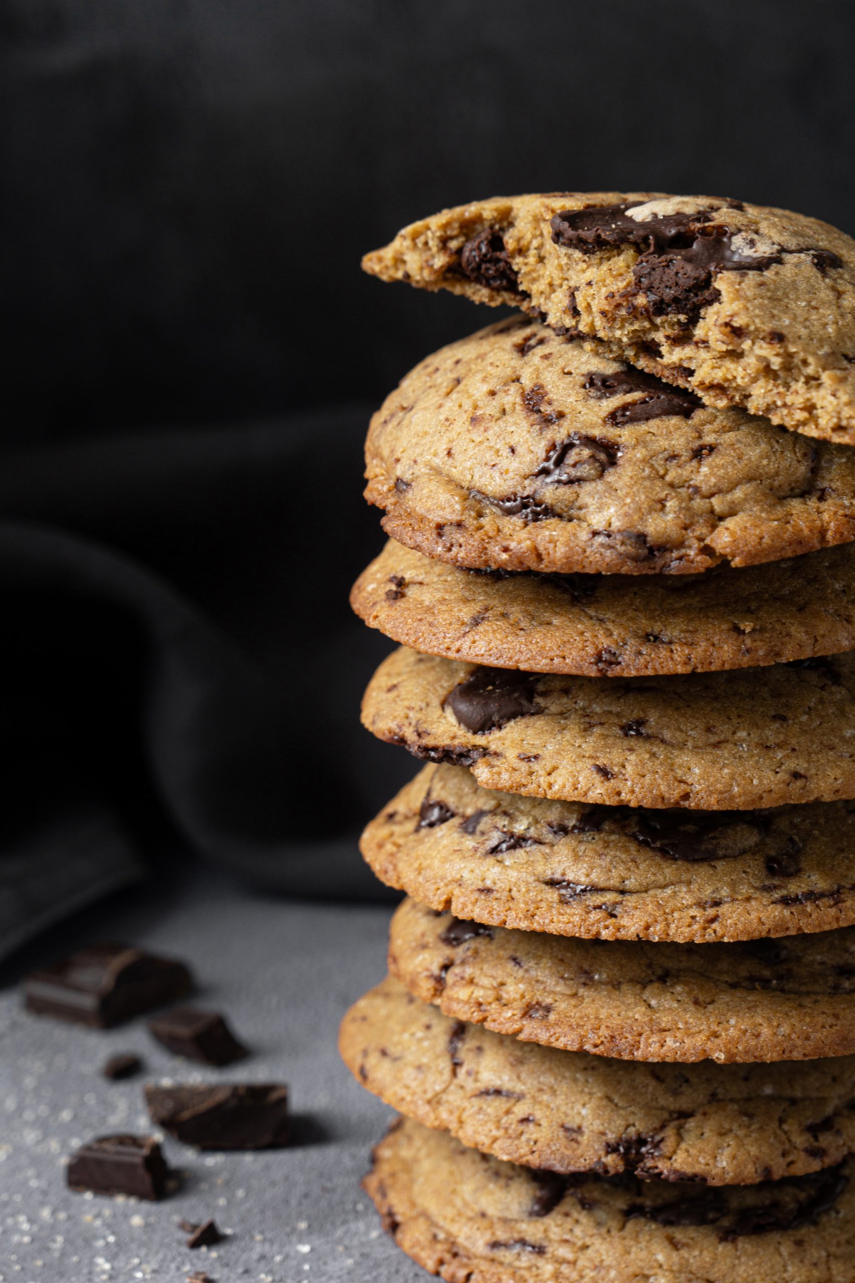 Close up of chocolate chip cookies in a pile