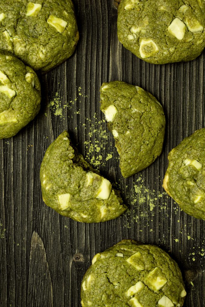 Top view of matcha white chocolate chip cookies