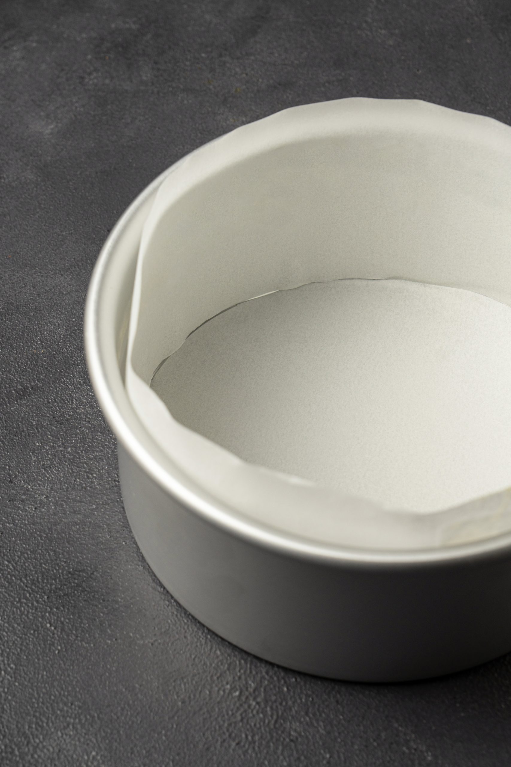 Cake pan lined with parchment paper