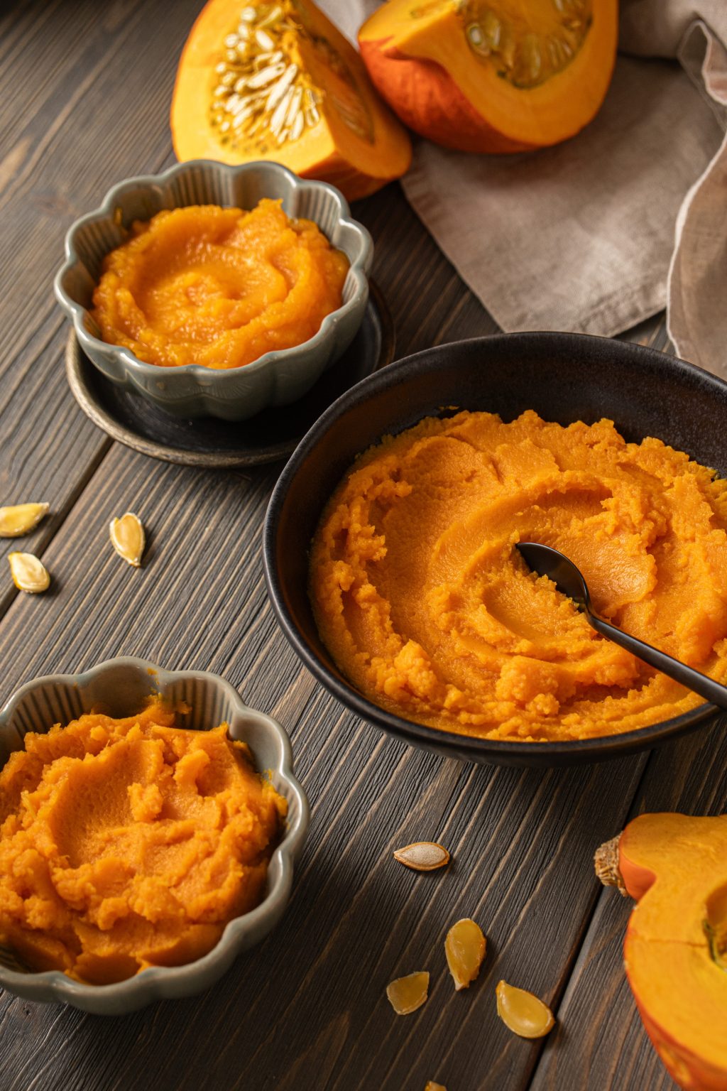 Homemade pumpkin puree served in bowls