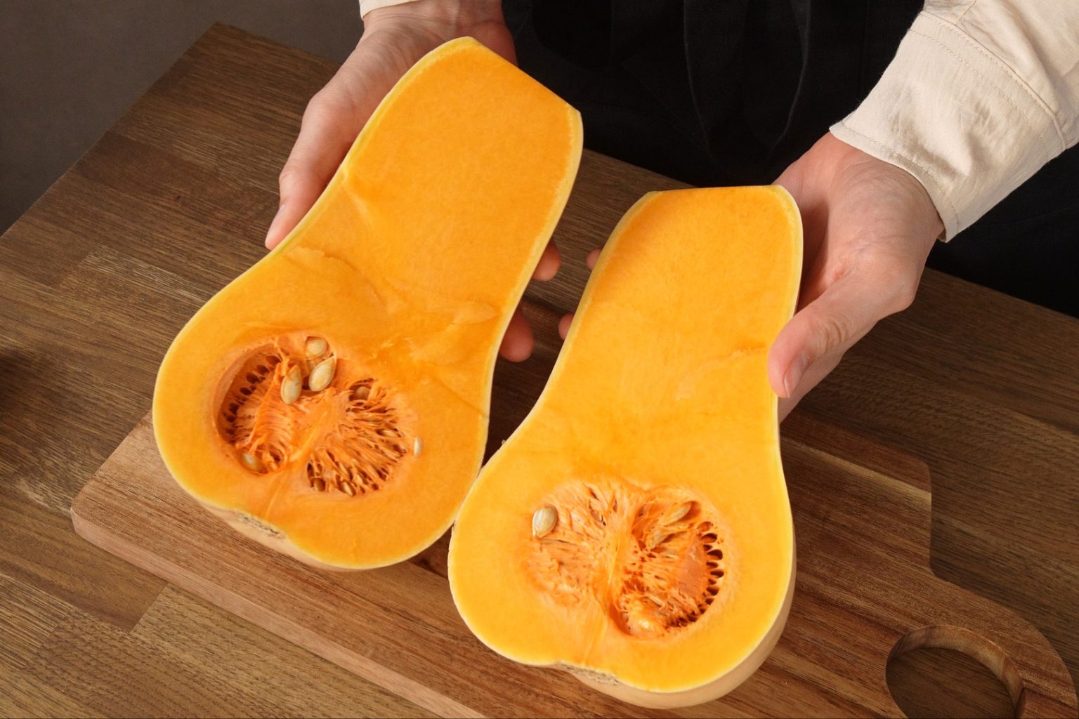 A butternut squash cut in half