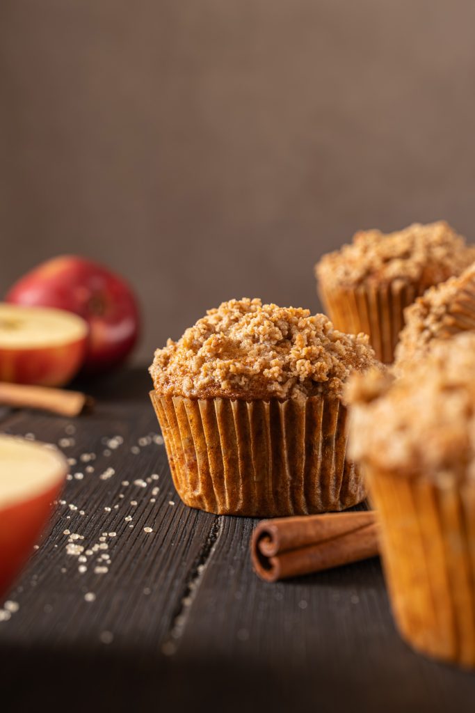 Close-up of brown butter apple muffins with crumble topping