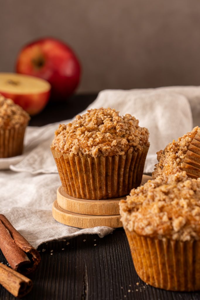 Close-up of brown butter apple muffins with crumble topping