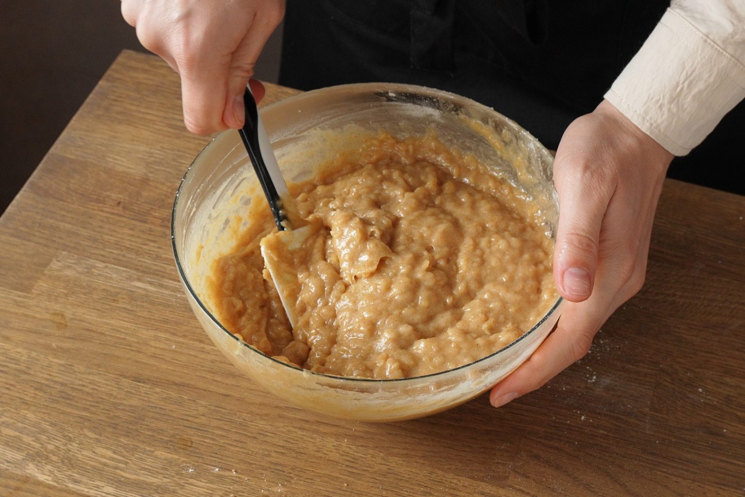 Freshly mixed brown butter apple muffin batter