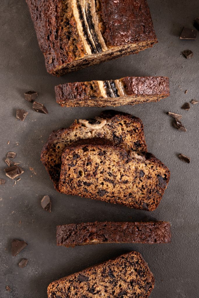 Top view of chocolate chip banana bread slices