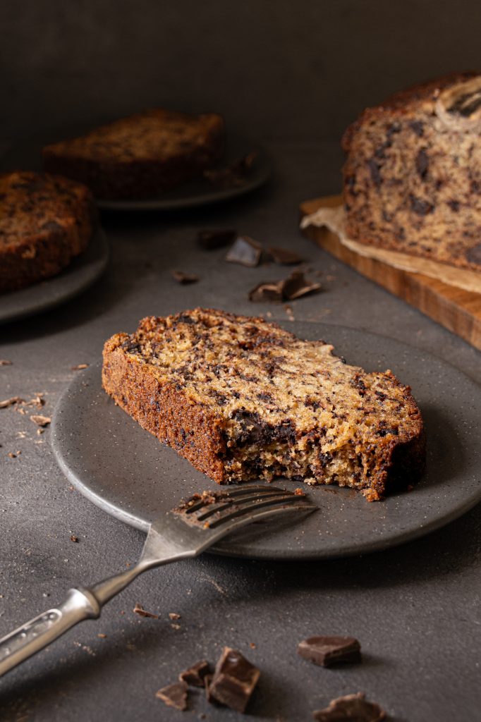 Close-up of a slice of chocolate chip banana bread