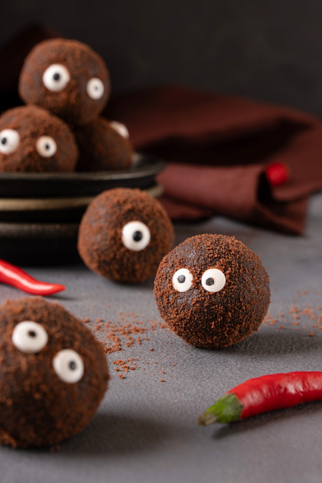 Close up of chocolate Halloween monster truffles