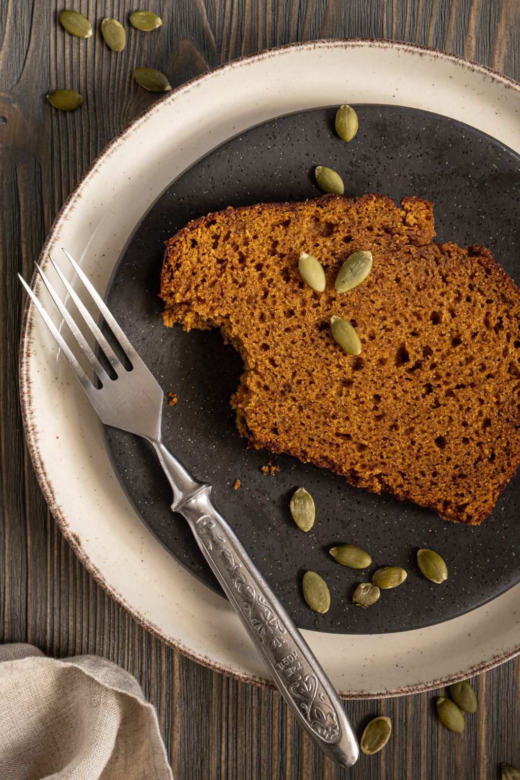 Top view of a slice of a pumpkin bread
