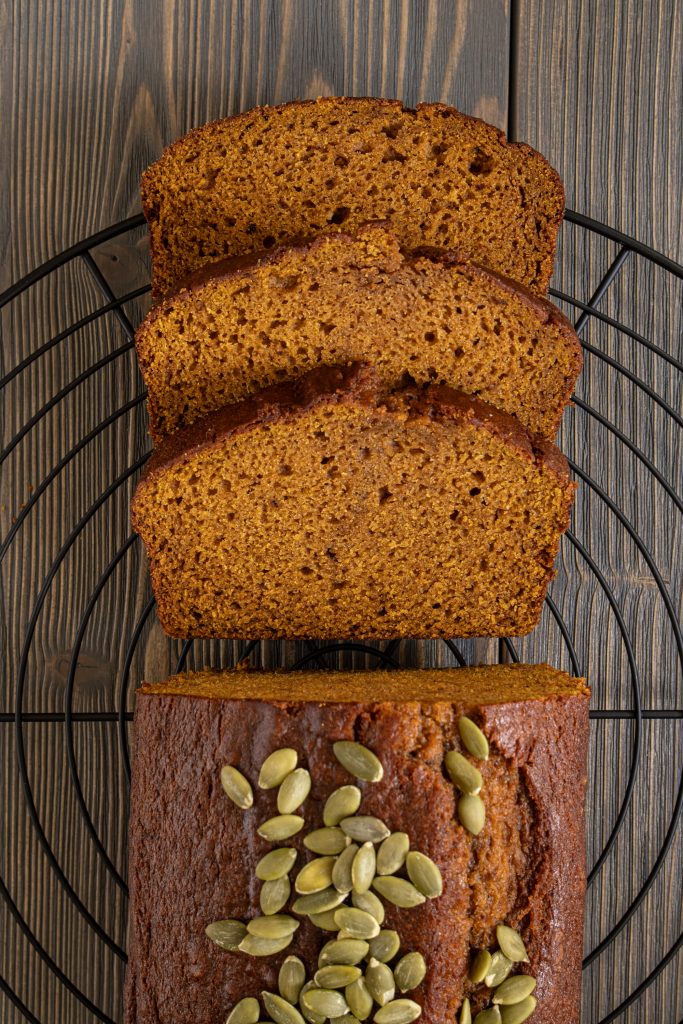 Top view of a sliced pumpkin bread