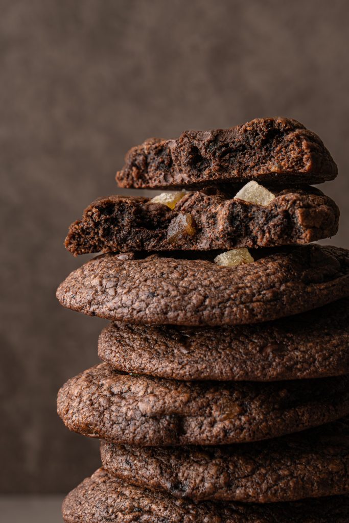 Close-up of stacked chocolate ginger cookies