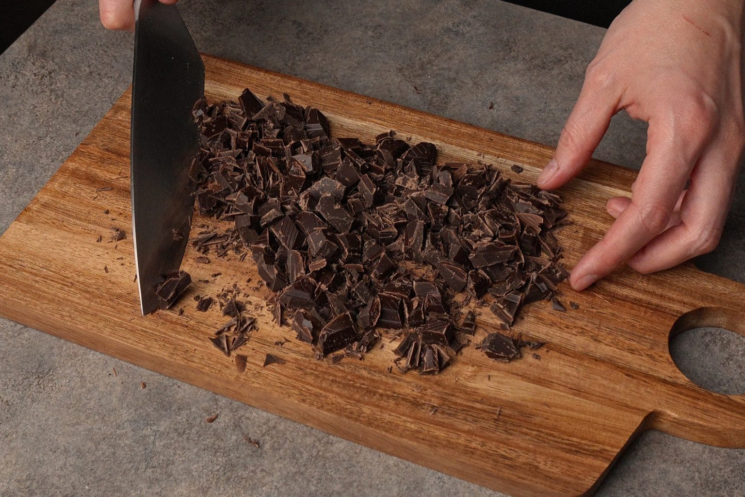 Chocolate chunks chopped with a knife
